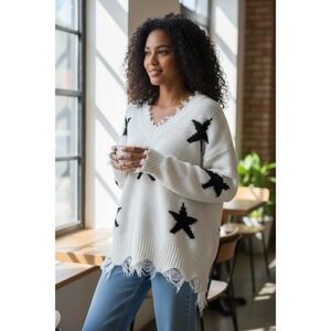 MAIN STRIP White Black Star Distressed V Neck Sweater Knit Pullover L